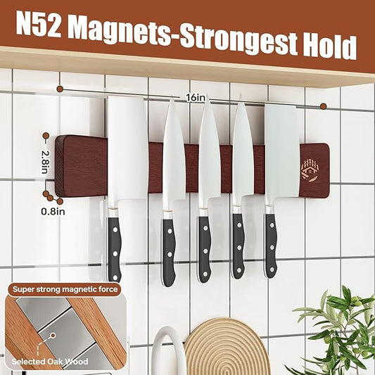 Magnetic Knife Strip, 16 Inch Oak Magnetic Knife Holder for Wall with N52 Strong Magnets, Premium Wooden Knife Magnetic Strip Organizer for Kitchen Knives, Tools ,No Drilling(Black Walnut)
