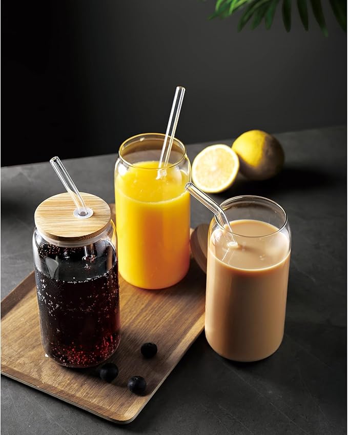 4 Set Glass Cups with Bamboo Lids and Straws, 20oz Drinking Beer Glasses, Iced Coffee Cups, Cute Tumbler with 2 Cleaning Brushes, Ideal for Bubble Tea, smoothie, Juice
