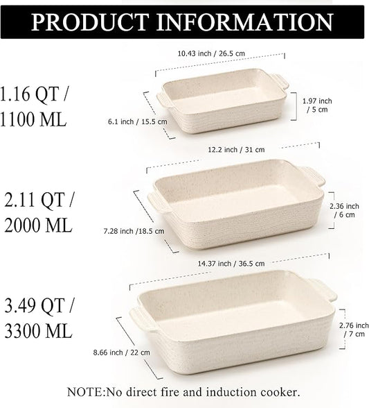 Ceramic Baking Dish Set of 3, Casserole Dishes for Oven, Square Porcelain Bakeware Set with Handles, Lasagna Baking Pan for Cooking, Perfect for Baking and Serving, Housewarming, Halloween, Thanksgiving, Christmas, New Year-Reactive White
