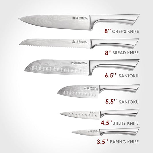 Cuisine::pro Damashiro Knife Block (Kumi, 7-Piece Chef Knife Set) - Japanese Steel Knife - Magnetic Knife Block- Damascus-Inspired Blade Kitchen Knives
