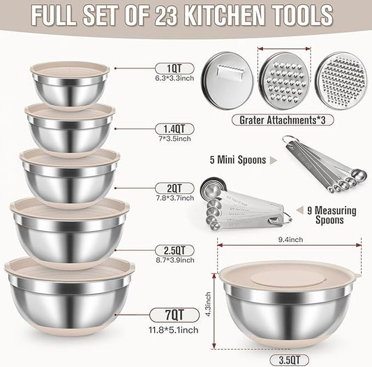 Mixing Bowls with Airtight Lid Set, 23PCS Stainless Steel Nesting Bowls with 3 Graters, Non-Slip Base, Large Prep Bowls 7, 3.5, 2.5, 2, 1.4, 1QT & 14 Measuring Spoons Great for Baking, Serving
