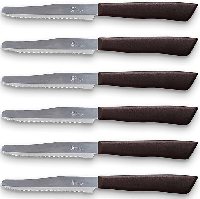 Tredoni 6 kitchen Knives - 4.3"/11cm Italian Stainless Steel Serrated Vegetable/Steak/Table Knife Cutlery, Rounded Tip (Brown)