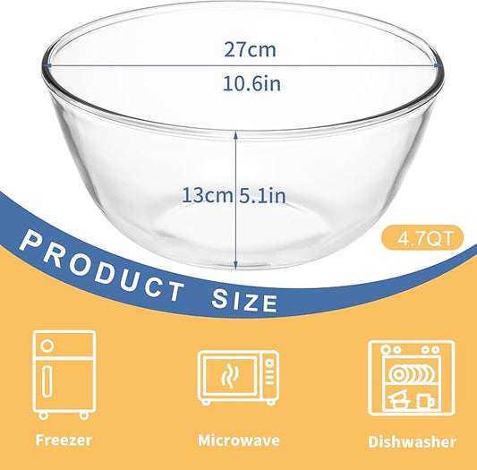 4.7Qt Large Glass Mixing Bowls, Clear Large Salad Bowls,Thick Glass Big Mixing Bowls Salad Bowls Cooking Bowl for Kitchen Prepping Baking Serving, Fruit,Candy, Dishwasher Safe, Borosilicate Glass
