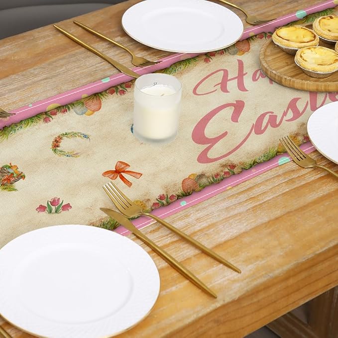 Vintage Easter Table Runner Easter Decorations - Pink Vintage Style Rabbit and Girl Happy Easter Spring Home Kitchen Dining Table Decor, Spring Party Decorations 13x72 Inch