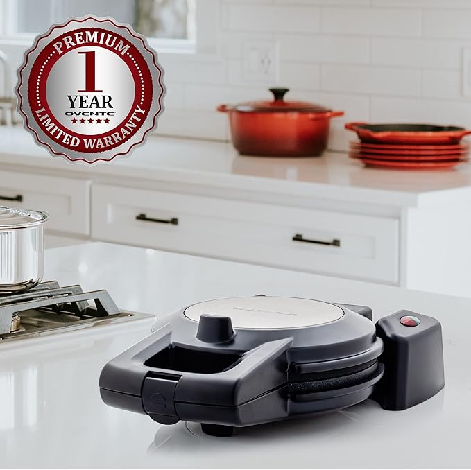 OVENTE Belgian Waffle Maker with Non-Stick Plates, 180° Rotating Function and Cool Touch Handle for Easy Single Flip, Perfect for Cooking 7” Classic Waffles for Breakfast or Snacks, Black WMF1440BR