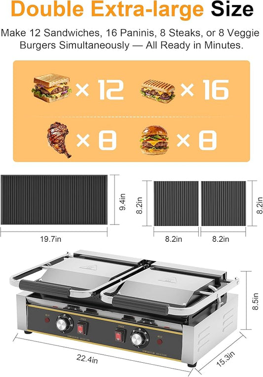 Commercial Panini Press - 3600W Commercial Electric Sandwich Maker w/Dual Independent Temp Controls, Double-Sided Heating, Panini Grill Press 19"x9" Nonstick/Grooved Plates for Panini & Sandwiches