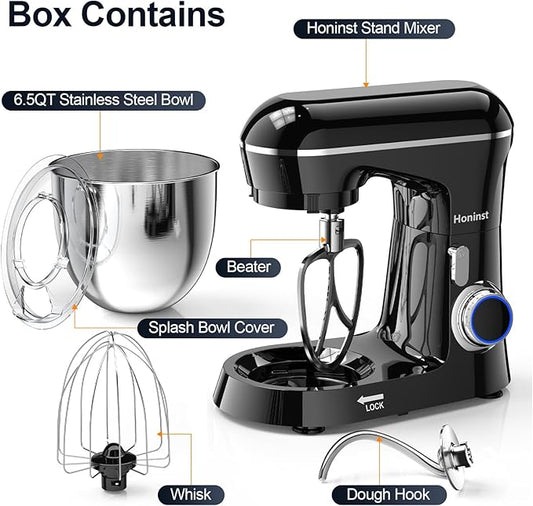 Honinst Stand Mixer, 6.5QT 10-Speed Tilt-Head Electric Stand Mixer, 3-In-1 Kitchen Mixer with Bowl, Dough Hook, Whisk and Beater, Food Mixer for Baking, Cake and Most Home Cooks, Black