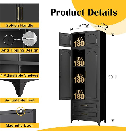 Kitchen Pantry Cabinet,90" Storage Cabinets with Doors and Shelves,Metal Pantry Cabinet with 2 Drawers,White Kitchen Cupboard for Livingroom,Pantry, Bathroom
