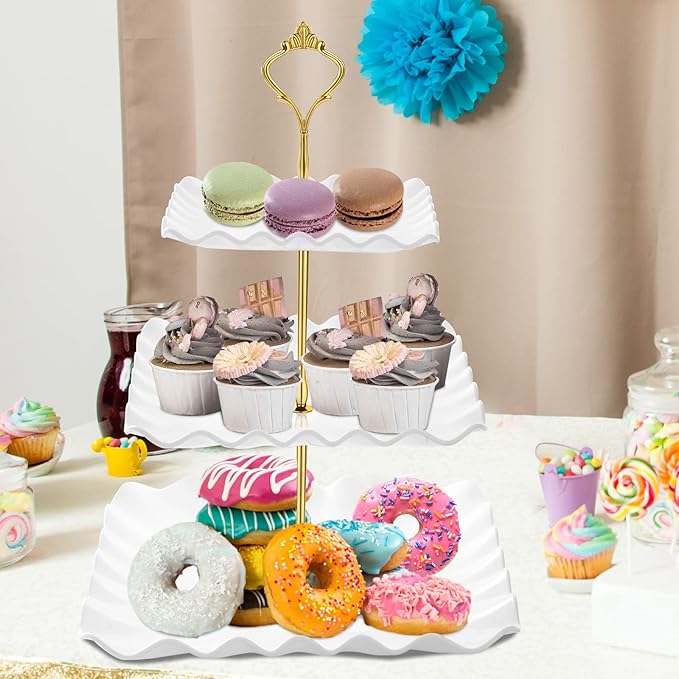 Dessert Cupcake Stand, 3 Tier Cup Cake Holder Tower for Tea Party/Birthday/Wedding, Plastic Tiered Serving Tray with Metal Rod, White