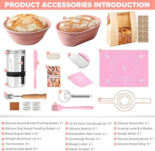 Sourdough Starter Kit, 15 Pcs Sour Dough Bread Baking Supplies for Beginners with 24 Oz Glass Starter Jar, Complete Bread Making Set with Silicone Banneton Proofing Basket, Baking Accessory