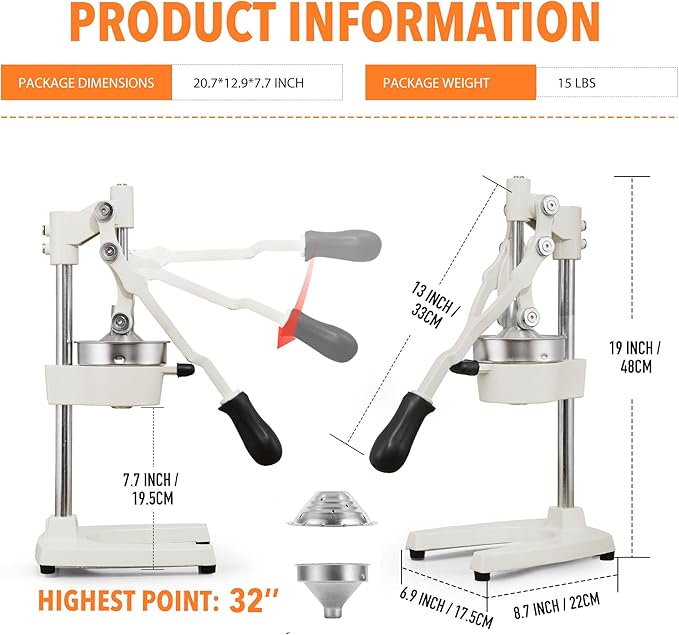 19 Inch Height Extra Tall Commercial Heavy Duty Cast Iron Hand Press Manual Orange Citrus Lemon Lime Grapefruit Pomegranate Fruit Juice Squeezer Machine with Stainless Steel Cup White