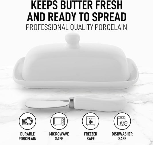Zulay Kitchen Ceramic Butter Dish with Lid For Countertop & Stainless Steel Knife – Keeps Butter Soft & Fresh – White Butter Dish with Easy-Grip Knob, Durable & Everyday Butter Holder for Home - White