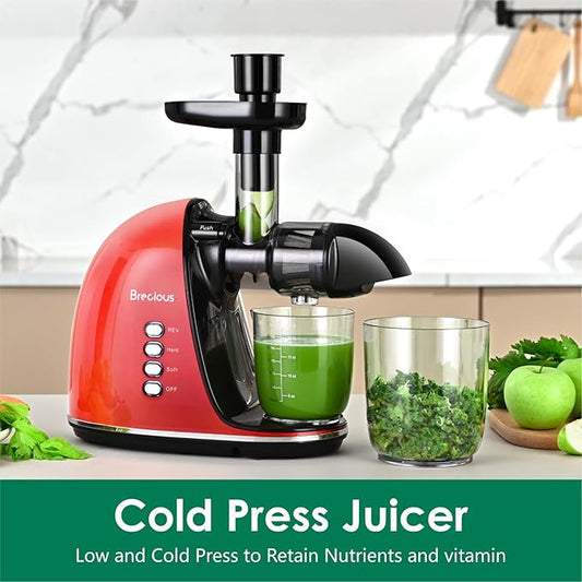 Slow Masticating Juicer,Brecious Cold Press Juicers with 2 Speed Modes & Quiet Motor,Juicers Machines Vegetable and Fruit with Reverse Function,Celery Juicer,BPA-Free,Easy to Clean (Red)