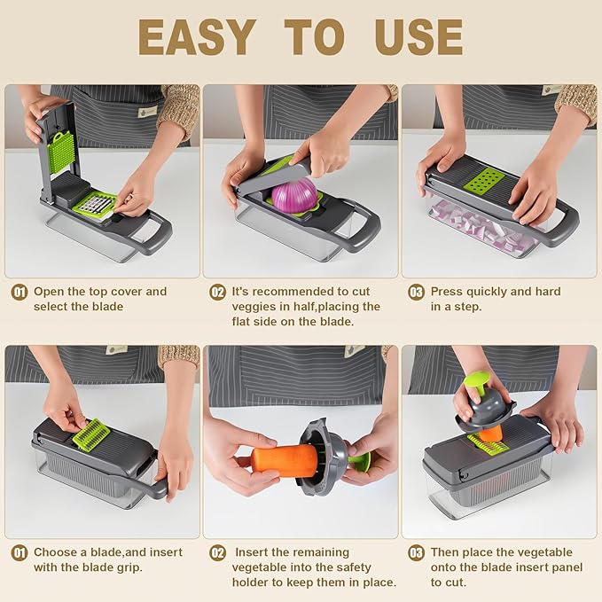 15-in-1 Vegetable Chopper, Kitchen Gadgets with 8 Blades, Food,Veggie, Onion Chopper, Cucumber Slicer, Versatile Mandoline, Includes Egg Separator & Vegetable Peeler, Gray