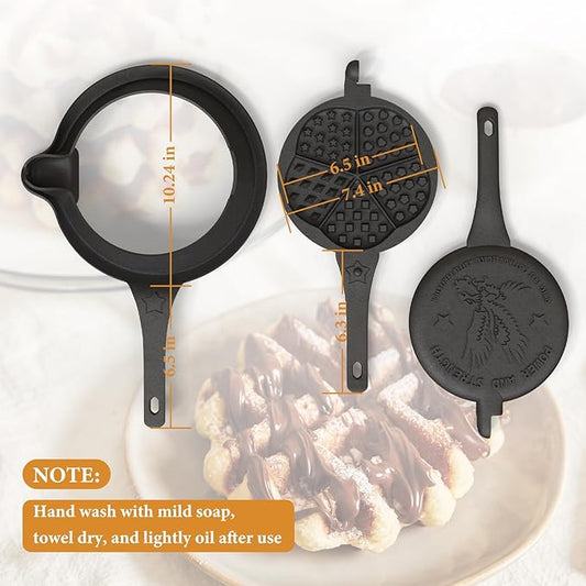Cast Iron Waffle Maker Stove Top, American Waffle Maker Pre-Seasoned, Round waffle maker, PFOA free, 5-in-1 Shape Designs, Non-Coated Surface, Waffle iron for Camping Grill or Stove Top.