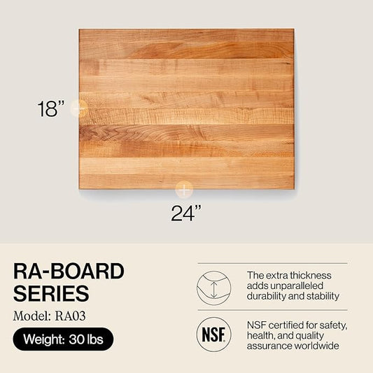 John Boos RA-Board Series Rectangular Wooden Maple Cutting Board 24”x18” – 2.25” Thick, 30-lb Reversible Butcher Block with Edge-Grain & Finger Grips – Made in the USA