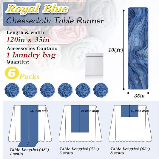 Royal Blue Cheesecloth Table Runner 6 Pack 35" Boho Gauze Runner 120 inches Long Runner Rustic Sheer Fabric Bulk for Baby Shower Wedding Bridal Birthday Party Table Decorations