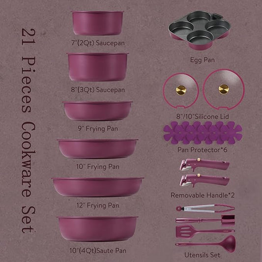 CAROTE 21pcs Pots and Pans Set, Nonstick Cookware Set Detachable Handle, Induction Kitchen Cookware Sets Non Stick with Removable Handle, RV Cookware Set, Gold and Purple