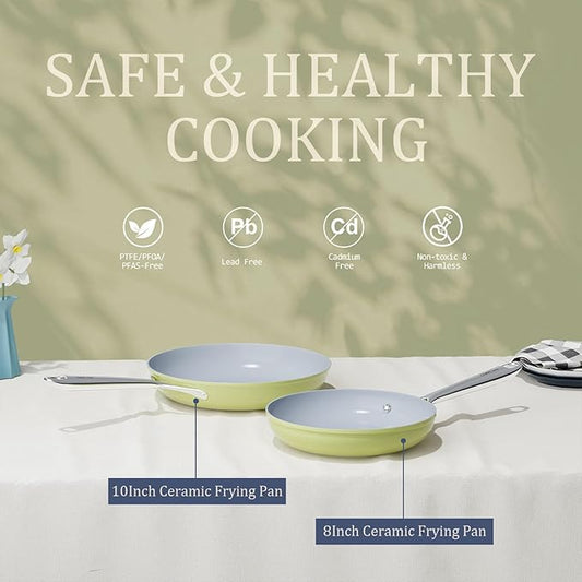 Nonstick Ceramic Frying Pan 8 inch for All Stovetops, PTFE/PFOA/PFAS Free, Even Heat Distribution Oven Safe up to 500°F, Healthy Non Toxic Skillet w/ Ergonomic Stainless Steel Handle, Olive Green
