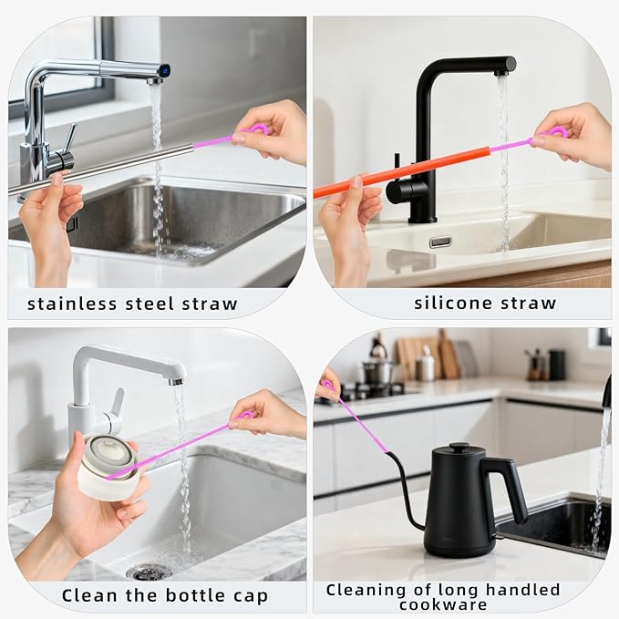 Silicone Straw Cleaner Brush, 4-Piece Reusable Straw Brush Set with Extra-Long Design for Cleaning Thin Metal Straws and Wider Milkshake Straws (6mm+9mm Purple)