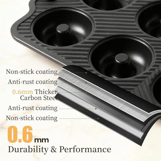 Kikcoin 2 PCS Stackable Baking Pans Set, Non-stick Bakeware Sets with Silicone Handles, 450°F Oven Safe Muffin & Donut Pan for Baking, Easy Release Heavy-duty Baking Sheets Non Stick, Black