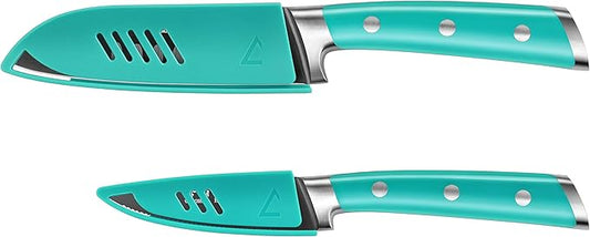 Cangshan S+ Series 1022117 German Steel Forged 2-Piece Titanium Coated Santoku Starter Knife Set with Sheaths, French Teal