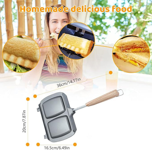 Qivine Hot Sandwich Maker, Pie Iron Double Sided Stove Top Sandwich Maker Non-Stick Cast Iron Sandwich Maker Panini Press Pan With Removable Handles For Breakfast Pancakes, Toast, Omelets (Type B)