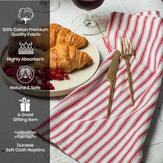 Cloth Napkins Pk of 6 |Spring Easter Basket Decor Christmas Washable Cotton Dinner Cloth Napkins|Red and White French Stripes 18x18 in Kitchen Party Hotel BBQ Restaurant Dinner Napkins