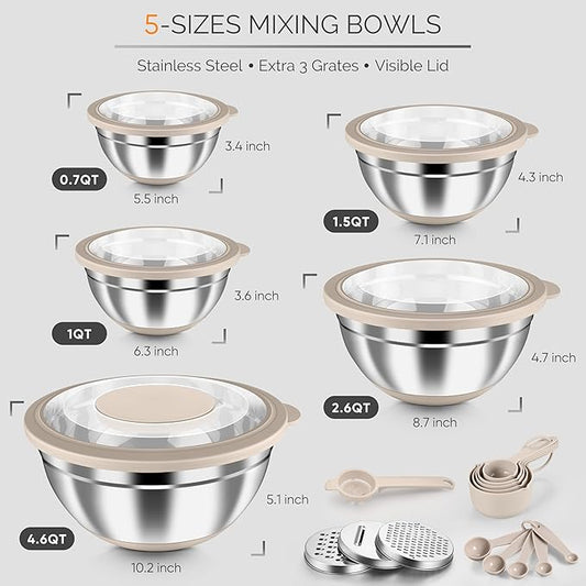 HaWare Mixing Bowls, 24-Piece Stainless Steel Salad Serving Bowl with Airtight Clear Lids, Metal Nesting Bowl For Kitchen Cooking Prepping Storing with 3 Graters, 4.6/2.6/1.5/1/0.7 QT, Khaki