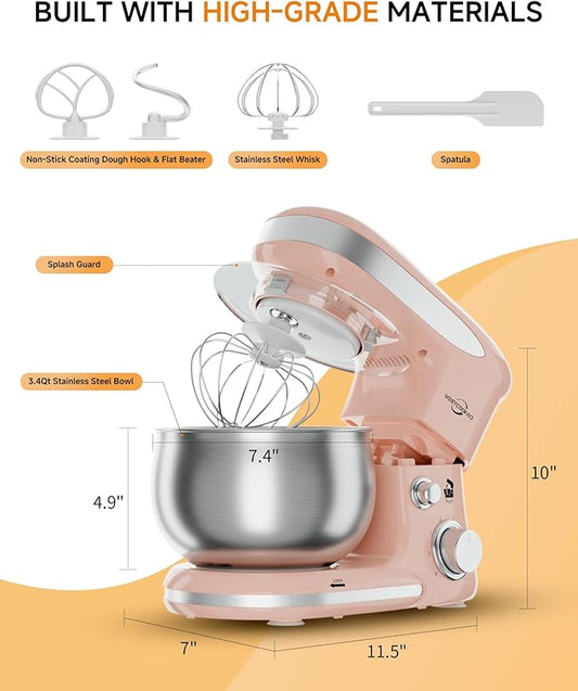Stand Mixer, 3.4QT Lightweight Kitchen Mixer, 6+P Speed Tilt-Head Electric Food Mixers for Daily Use with Egg Whisk, Dough Hook, Flat Beater, Bread Dough Mixer for Baking (Pink)