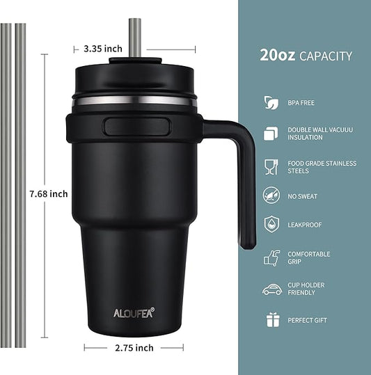 ALOUFEA 20 oz Insulated Coffee Mug Tumbler with Handle, Stainless Steel Travel Mug Tumbler with Lid and Straw,Double Wall Vacuum Leak Proof Ice Coffee Thermal Cup, Black and Navy