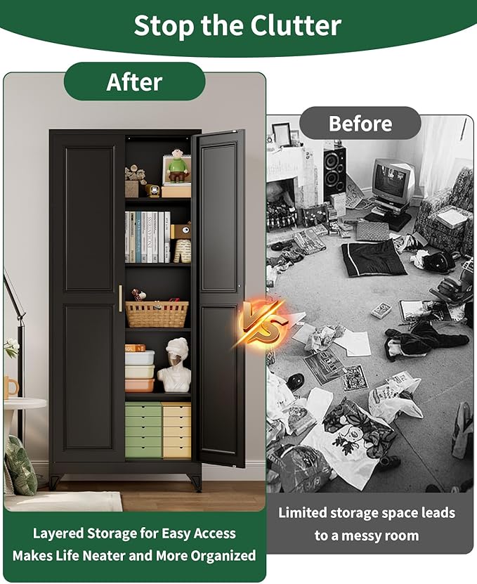 Metal Garage Storage Cabinet with 2 Doors and 4 Shelves,74.8 Kitchen Pantry Cabinet with Anti-Tip Kit & Adjustable Feet, Tall File Tool Cabinets for Office,Home,Garage,Gym