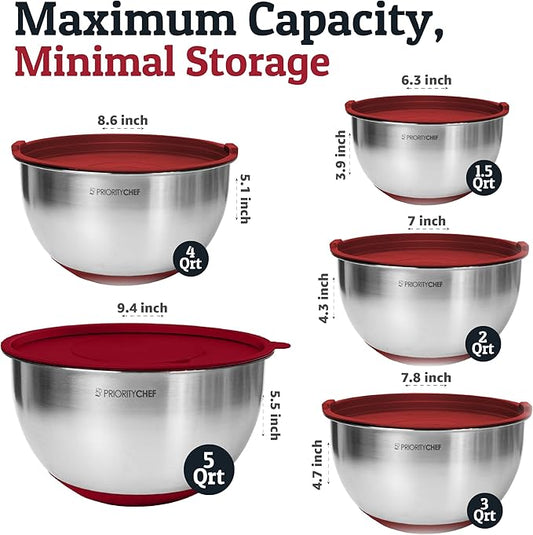 Priority Chef Stainless Steel Mixing Bowls with Lids Set, 3 Grater Attachments, Airtight Lids, Non-Slip Silicone Base Mixing Bowl Set, Large Prep Metal Mixing Bowls for Kitchen, Red