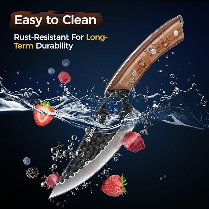 4 PCS Butcher Knife Set Hand Forged, High Carbon Steel Japanese Santoku, Serbian Chef Knife, Viking Knife, Boning Knife, Honing Rod for Kitchen, Outdoor Cooking, BBQ, Camping, Gift for Men