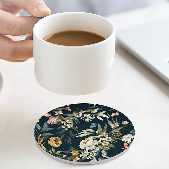 Round-4PCS Floral Ceramic Coasters, Round Absorbent Drink Coasters, Watercolour Leaf Flower Herb Nature Plant Floral Ceramic Table Coasters for Coffee, Beverage, Wine, Beer Coasters