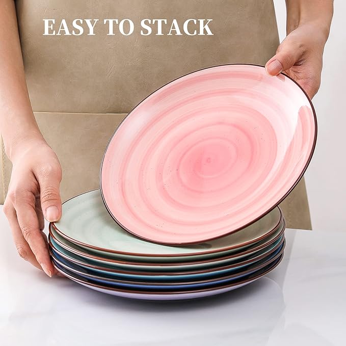 KitchenTour Ceramic Dinner Plates, 8 Inch Porcelain Serving Plate for Salad, Dessert Pizza Steak Pasta Plates Set, Dishwasher and Microwave Safe - Set of 6, Assorted Warm Colors