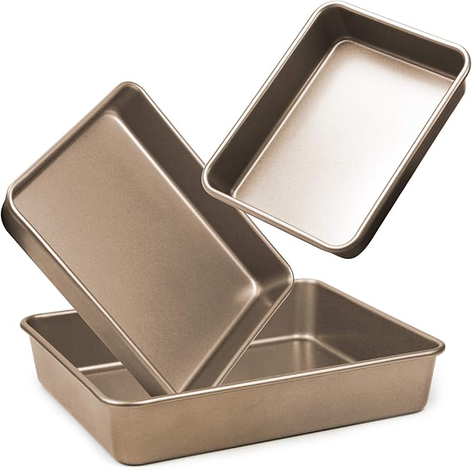 SuperMa 3 Pack Deep Baking Pans Set Nonstick Rectangular Cookie Sheets 9 11 13 Inch Baking Sheets for Baking Bread, Toaster Bakeware Gold