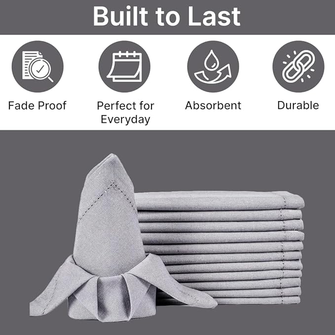 LFH Home Hemstitched Cloth Dinner Napkins 18x18 Inch Set of 12 - Reusable 100% Cotton Machine Washable Cocktail Napkins with Metered Corners for Daily, Party, Wedding, Bar Use - Ash Grey