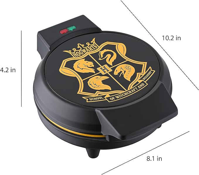 Warner Brothers Harry Potter Round Waffle Maker by Select Brands - Ceramic Coated Cooking Plates - Imprints Hogwarts Crest on Waffles, Black and Gold, WBH-250WM