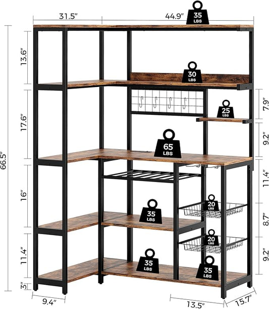 IRONCK Large Bakers Rack with Power Outlet, 6-Tier Corner Microwave Stand, Industrial Coffee Bar with Wine Rack, Hooks & Wire Baskets for Kitchen Spices/Pots, Rustic Brown