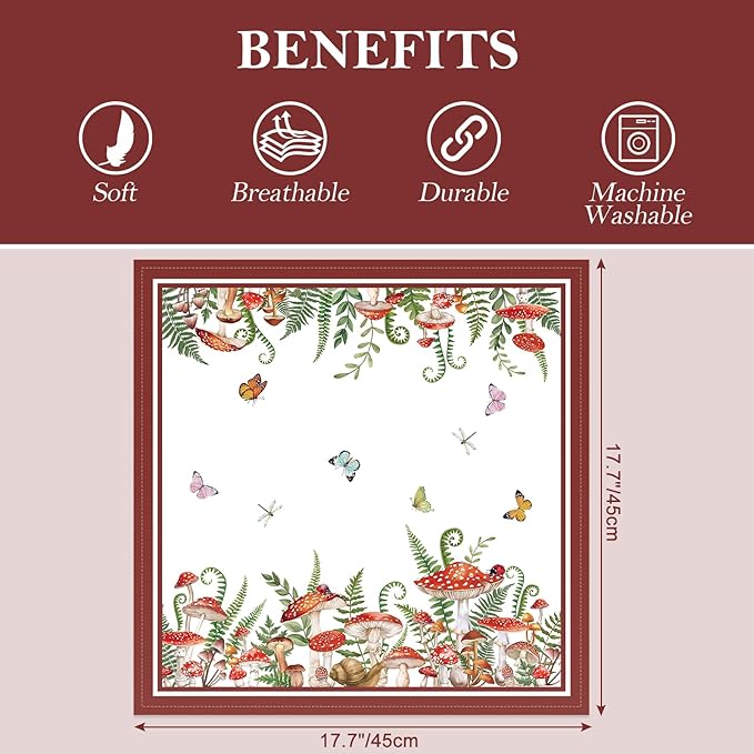 Mushroom Napkins, 18×18 Inch Floral Butterfly Dinner Cloth Napkins Set of 10, Washable Cotton Soft Absorbent Square Napkins for Dining Kitchen Party Wedding Decoration