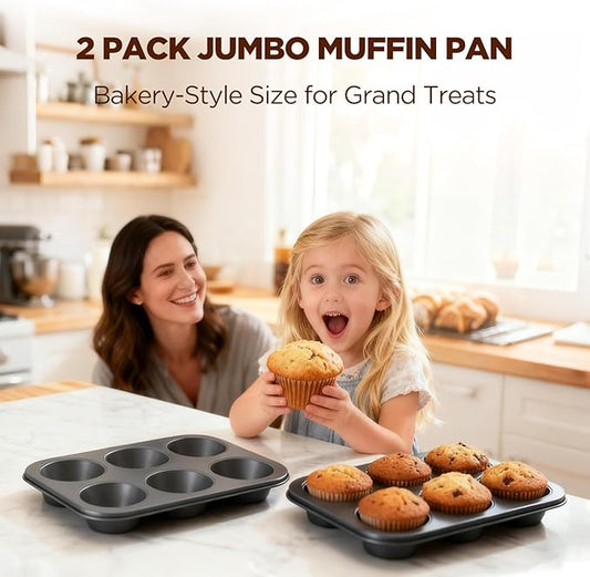 VEOOK 2 Pack Jumbo Muffin Pan, Texas Size Nonstick Cupcake Pan, 6-Cup Giant Muffin Tin, Carbon Steel Baking Pan for Muffins, Cupcakes, Brownies, Easy Clean & Heavy Duty(JP-01)