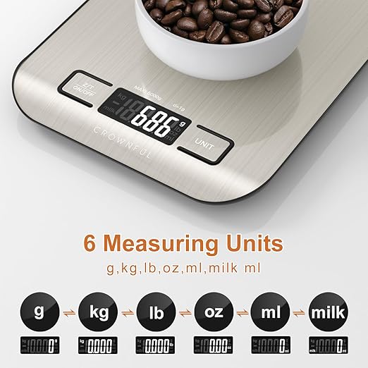 CROWNFUL Food Scale, 11 lb Digital Kitchen Scales with Built-in Coin Battery, Weight Ounces and Grams for Cooking and Baking, 6 Units with Tare Function, LCD Display, 304 Stainless Steel