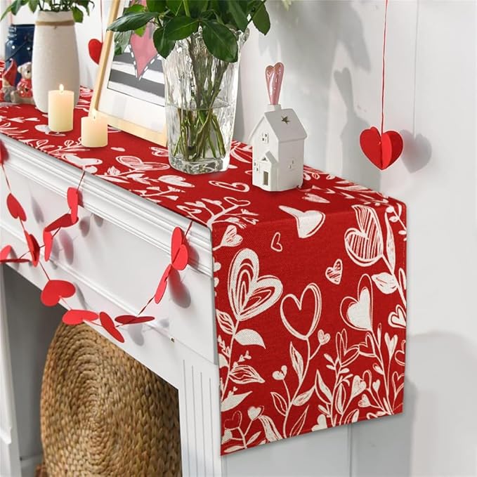 Valentine’s Day Red Heart Love Plant Table Runner 13x90 Inch , Holiday Kitchen Dining Tabletop Runners for Home Indoor Farmhouse Decoration