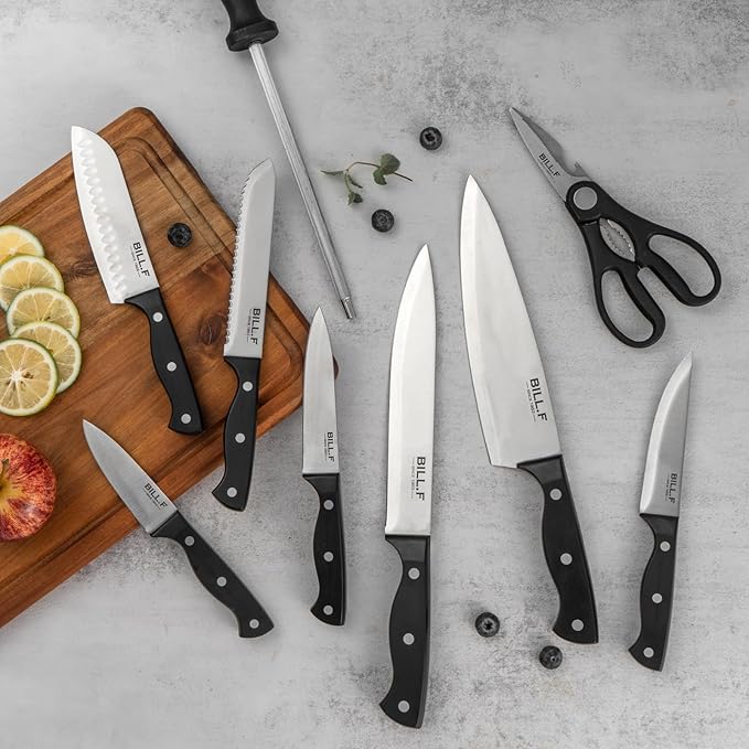 Wood Kitchen Set Knife Set for Kitchen with Block Stainless Steel Knives 16 Pcs and Cutting Board with Groove,Black Handles and Sharp Stainless Steel Professional Chef Knife Set