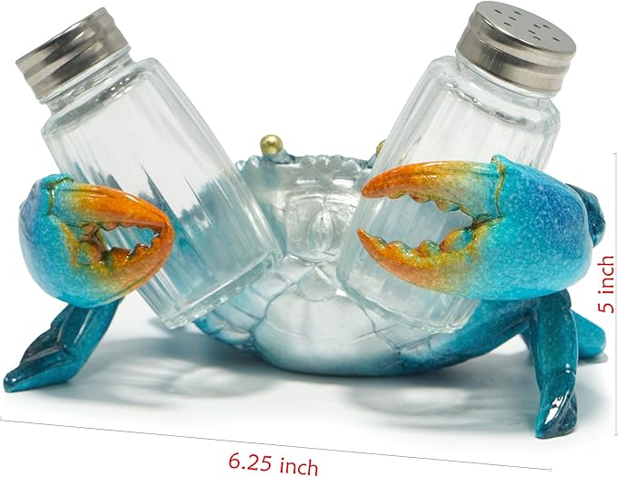 Hodao Sea Crab With Salt and Pepper Shaker Figurines Decoration Crab Set with Holder Figurine for Beach Bar or Tropical Kitchen Decor Table Decor By Home Gifts For Mom (Blue)