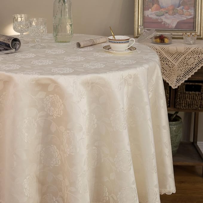 Round Tablecloth Waterproof Spillproof Lace Trim Damask Fabric Table Cloth for Wedding Kitchen Dinning Tabletop Decoration,Table Cover for Outdoor and Indoor, 70 Inch Round, Ivory White