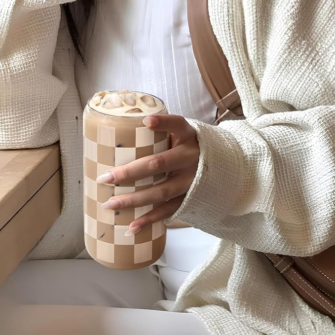 Checkerboard Glass Can, Beige Checker Cup with Lid & Straw, Iced Coffee Aesthetic Cups, Gift for Christmas Birthday Mother Day, Gifts for Women, 16oz