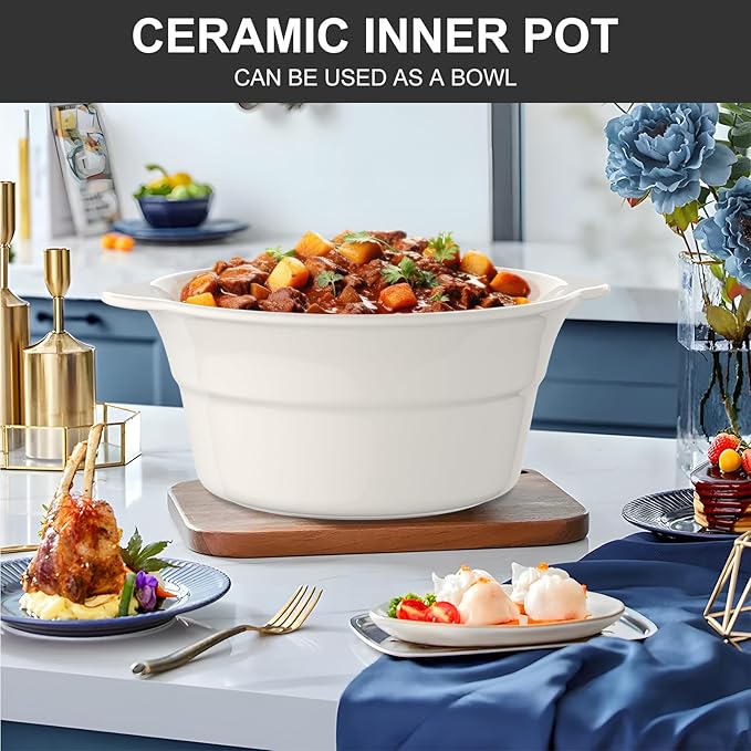 MAGNIFIQUE Small 5 Quart Round Casserole Programmable Slow Cooker with Glazed Ceramic Liner, Food Warmer Perfect Kitchen Small Appliance for Family Dinners, Black