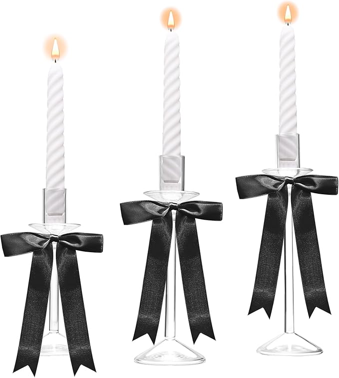 CHILL RECIPE Bow Candle Holder Glass Taper Candlestick Holders with Built-in Candle Drip Protectors Bows Decor for Table Centerpiece Wedding Party Halloween(Black)